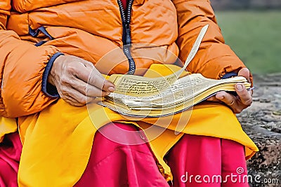 A Buddhist reading ancient scrolls in Sarnath where Gautama Buddha first taught the Dharma. Stock Photo