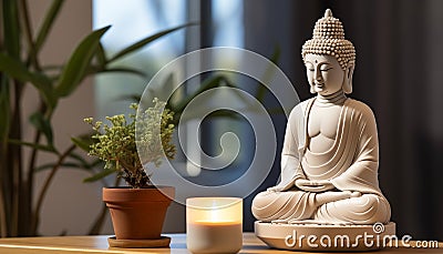 Buddhist statue meditates, candle flickers, harmony fills tranquil room generated by AI Stock Photo