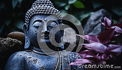 Buddhist statue meditating in ancient tranquil nature generated by AI Stock Photo