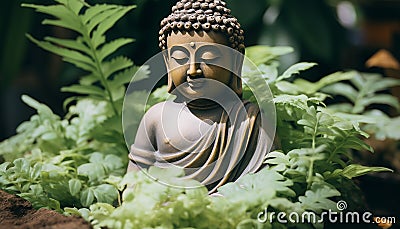 Buddhist statue meditating in tranquil green forest generated by AI Stock Photo