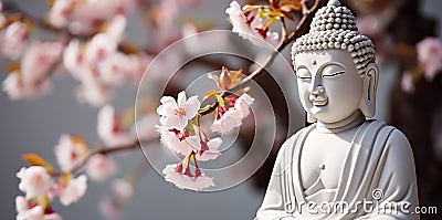 Buddhist statue meditating under cherry blossom tree generated by AI Stock Photo