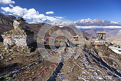 Buddhist Stupa Prayer Flags Nepal Himalaya Mountains Scenic Landscape Annapurna Circuit Hiking Trek Stock Photo