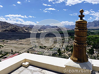 Buddhist symbol of a terrace of a monastery in Ladakh, India. Stock Photo