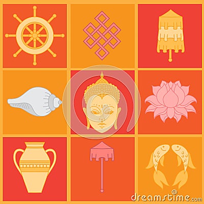 Buddhist symbolism, The 8 Auspicious Symbols of Buddhism, Right-coiled White Conch, Precious Umbrella, Victory Banner, Golden Fish Stock Photo