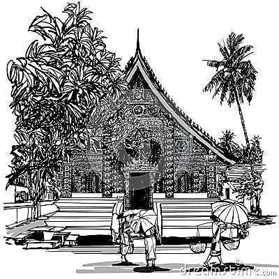 Buddhist temple in Asia with monks Vector Illustration