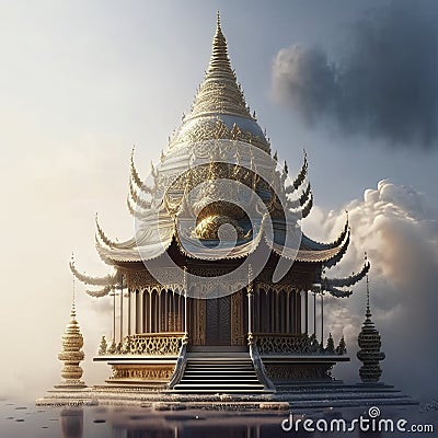 Buddhist temple in the fog. 3d render illustration. AI Generated Cartoon Illustration