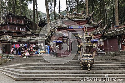 Dujiangyan, China - December 12, 2018: Buddhist temple in the Qingcheng mountain area close to Chengdu Editorial Stock Photo