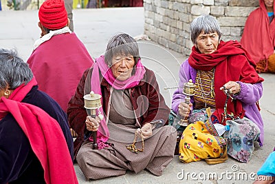 Buddhist women at the Memorial Chorten, Thimphu, Bhutan. Editorial Stock Photo