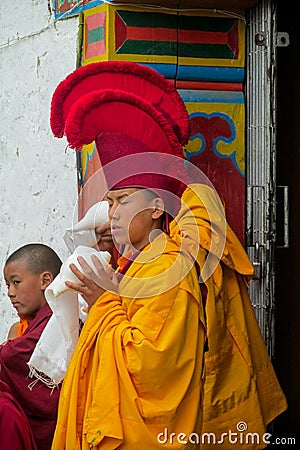Buddhist young monks at ceremony celebration in Nepal temple Editorial Stock Photo
