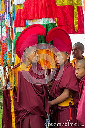 Buddhist young monks at ceremony celebration in Nepal temple Editorial Stock Photo