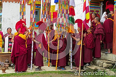 Buddhist young monks at ceremony celebration in Nepal temple Editorial Stock Photo