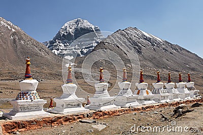 Buddhistic stupas (chorten) and holy mount Kailash Stock Photo