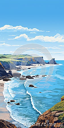 Bude Cornwall: Highly Detailed 2d Illustration Of Beautiful Fjord View Stock Photo