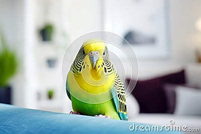 Budgerigar parrot sitting on sofa in living room Stock Photo