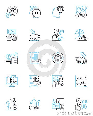 Budget advising linear icons set. Frugal, My-saving, Wise, Practical, Efficient, Resourceful, Sensible line vector and Vector Illustration
