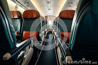 Budget airline seats host travelers, no flight delays, seamless journey Stock Photo