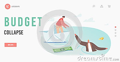 Budget Collapse Landing Page Template. Businesswoman Character on Paper Ship Giving Hand to Sinking Businessman in Water Vector Illustration