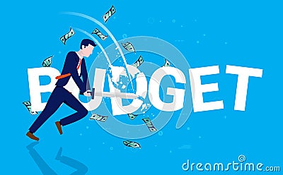 Budget cut. Man cutting the word budget in half Vector Illustration