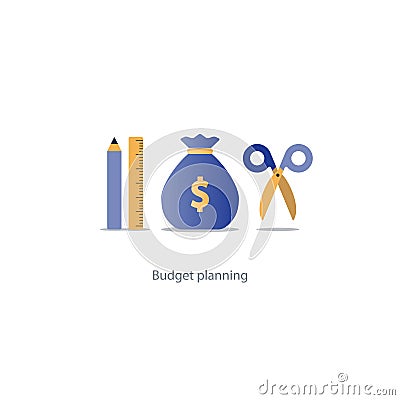 Budget cut scissors, financial knowledge pencil and ruler, money fund use Vector Illustration