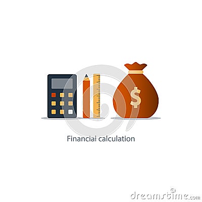 Budget money count, financial calculator, pencil and ruler, fund use Vector Illustration