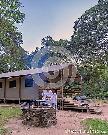 Budget Safari tent in South Africa for family vacations in the nature , Safari tented camp Stock Photo