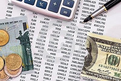 Budget text with calculator, pen, 100 euros and dollar torn Stock Photo