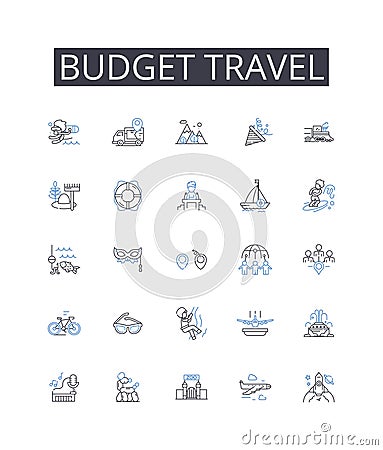 Budget travel line icons collection. Eco-tourism, Boutique hotel, Road trip, Beach vacation, Luxury retreat, Family Vector Illustration