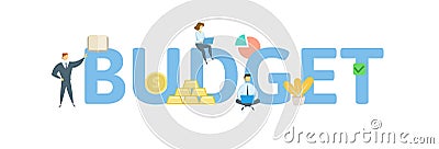 BUDGET word concept banner. Concept with people, letters, and icons. Flat vector illustration. Isolated on white Vector Illustration