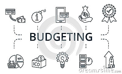 Budgeting icon set. Collection contain pack of pixel perfect creative icons. Budgeting elements set Vector Illustration