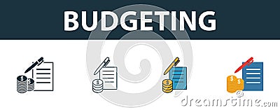 Budgeting icon set. Four elements in diferent styles from personal finance icons collection. Creative budgeting icons filled, Stock Photo