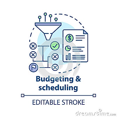 Budgeting scheduling concept icon. Business strategy, financing plan idea thin line illustration. Goal achieving tactics Vector Illustration