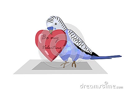 Budgie bird holds heart which says Be my Valentine Vector Illustration