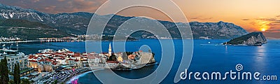 Beautiful Budva aerial view evening panorama, Montenegro Editorial Stock Photo