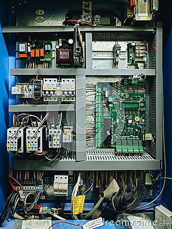 Budva, Montenegro - 01 august 2020: Elevator control board. Industrial microcircuit, printed motherboard with Editorial Stock Photo