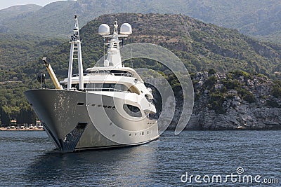 Motor yacht at anchor near the island. Editorial Stock Photo