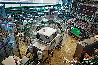 Budvar Budweiser brewery. Bottle sorting, washing and beer bottling workshop with assembly-lines. Editorial Stock Photo