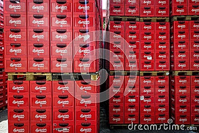 Budvar Budweiser brewery. Wall of beer crates. Editorial Stock Photo