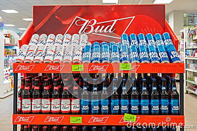 BUDWEISER BEER BUD brand stand in supermarket. Minsk, Belarus, 2022 Editorial Stock Photo