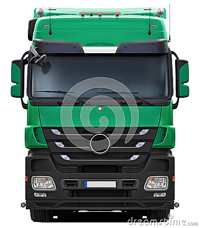 Bue-green Mercedes Actros truck with black plastic bumper. Stock Photo