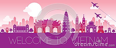 Vietnam famous landmark pink silhouette design Vector Illustration
