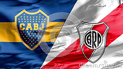 Buenos Aires, Argentina. Dec 23 2019. A waving flag with the Boca Juniors and River Plate logos. Superclásico. Buenos Aires, Argentina. Dec 23 2019. A waving stock illustration Buenos Aires, Argentina. Dec 23 2019. A waving flag with the Boca Juniors and River Plate logos. Superclásico. Buenos Aires, Argentina. Dec 23 2019. A waving stock illustration
