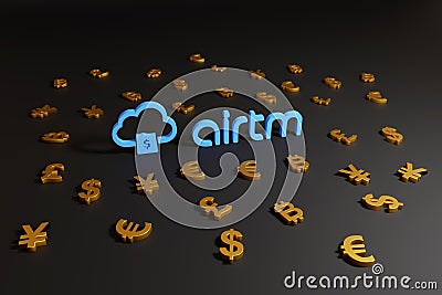 Buenos Aires, Argentina - February 19, 2021: Airtm logo surrounded many coin symbols on a black background Editorial Stock Photo