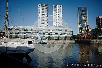 Stern of Museum Ship Corbeta ARA Uruguay with flag of Argentina moored in Puerto Madero Editorial Stock Photo