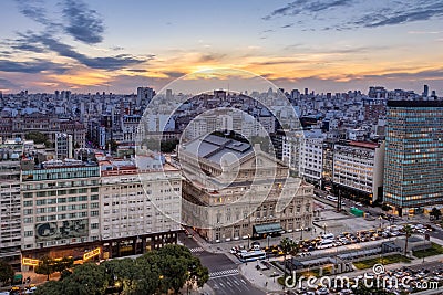 Aerial view of Teatro Colon Columbus Theatre and 9 de Julio Avenue at sunset - Buenos Aires, Argentina Stock Photo