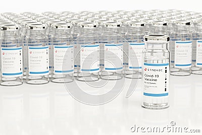 Buenos Aires, Argentina - November 12: Sinovac Covid -19 vaccine vial set isolated on white background. Selective focus. 3d Cartoon Illustration