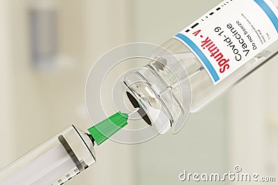 Buenos Aires, Argentina - November 10: Sputnik-v Covid -19 vaccine vial and injection syringe isolated on white background. 3d Cartoon Illustration