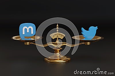 Buenos Aires, Argentina - November 10th: Scale with Mastodon and Twitter logo isolated on dark background Editorial Stock Photo