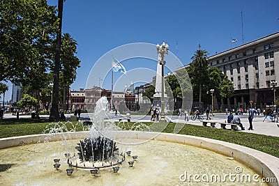 Buenos Aires Argentina .Plaza de Mayo and the historic pyramid with water fountain historic place Editorial Stock Photo