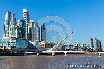 Buenos Aires city skyline. View of Puente de la Mujer Women`s Bridge , Puerto Madero Editorial Stock Photo