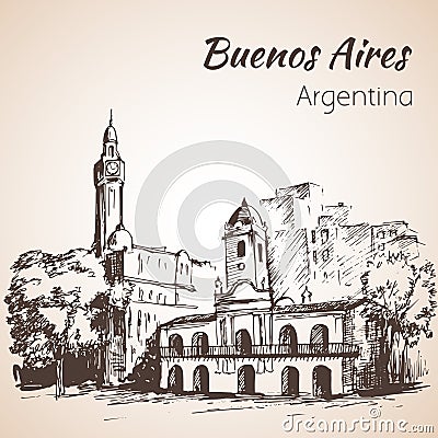 Buenos Aires city street and square. Argentina. Sketch. Vector Illustration